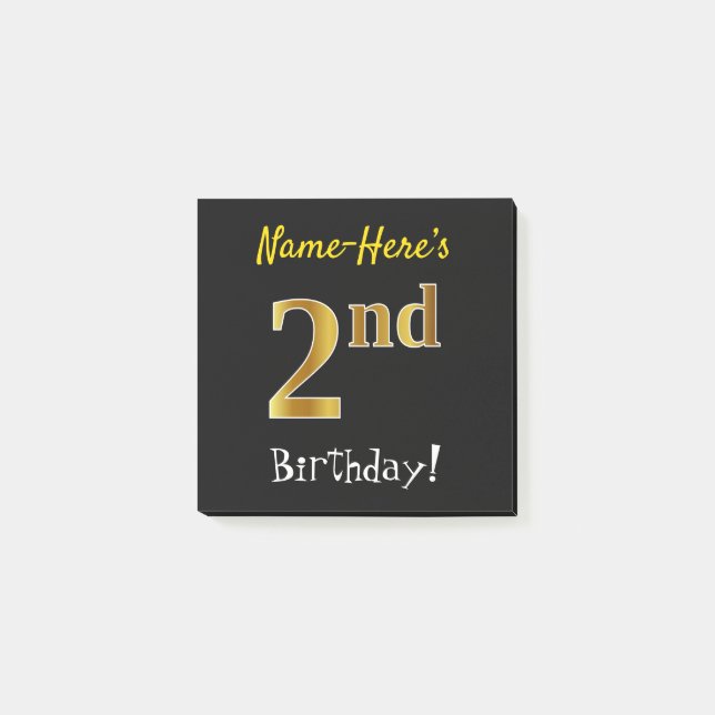 Black, Faux Gold 2nd Birthday, With Custom Name Post-it Notes (Front)
