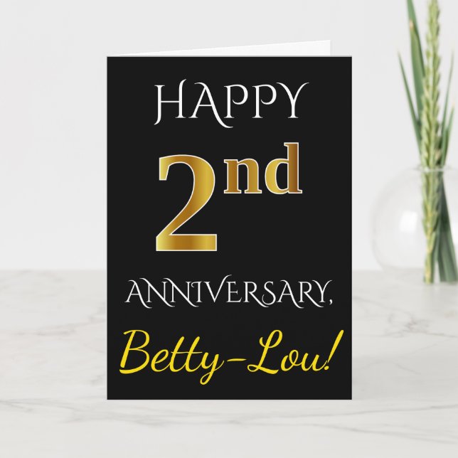 Black, Faux Gold 2nd Wedding Anniversary + Name Card (Front)