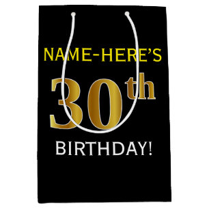 Black, Faux Gold 30th Birthday + Custom Name Medium Gift Bag