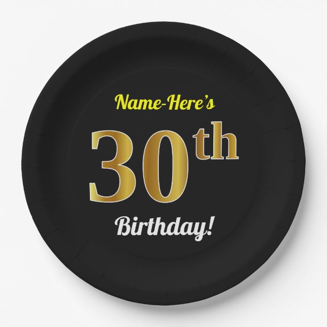 Black, Faux Gold 30th Birthday + Custom Name Paper Plate (Front)