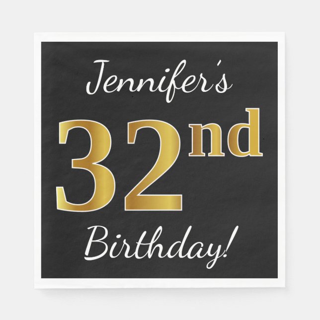 Black, Faux Gold 32nd Birthday + Custom Name Napkin (Front)