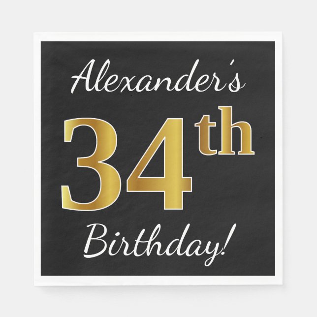 Black, Faux Gold 34th Birthday + Custom Name Napkin (Front)