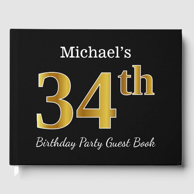 Black, Faux Gold 34th Birthday Party + Custom Name Guest Book (Front)