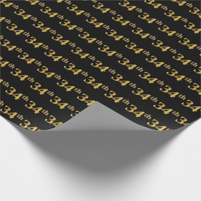 Black, Faux Gold 34th (Thirty-Fourth) Event Wrapping Paper (Corner)