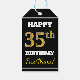 Black, Faux Gold 35th Birthday + Custom Name Gift Tags