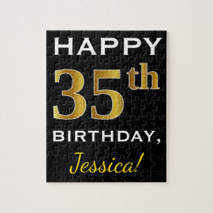 Black, Faux Gold 35th Birthday + Custom Name Jigsaw Puzzle