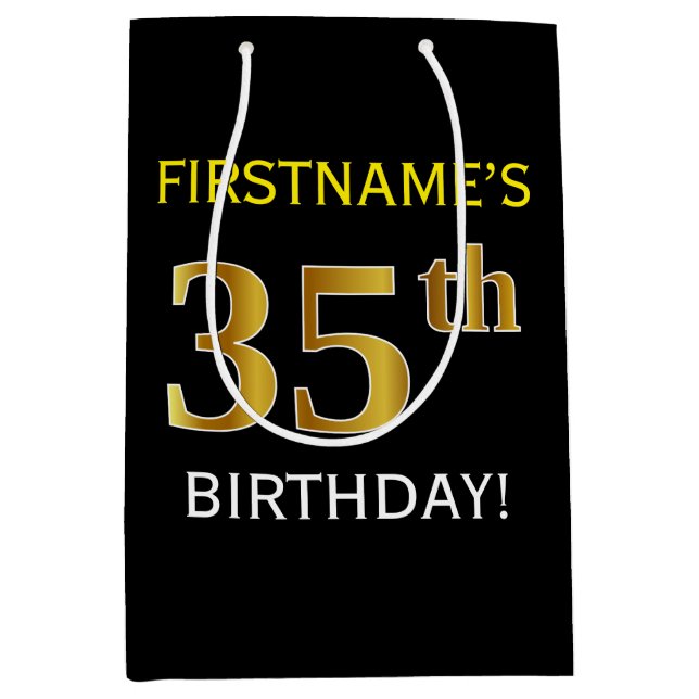 Black, Faux Gold 35th Birthday + Custom Name Medium Gift Bag (Front)