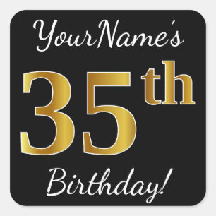 Black, Faux Gold 35th Birthday + Custom Name Square Sticker