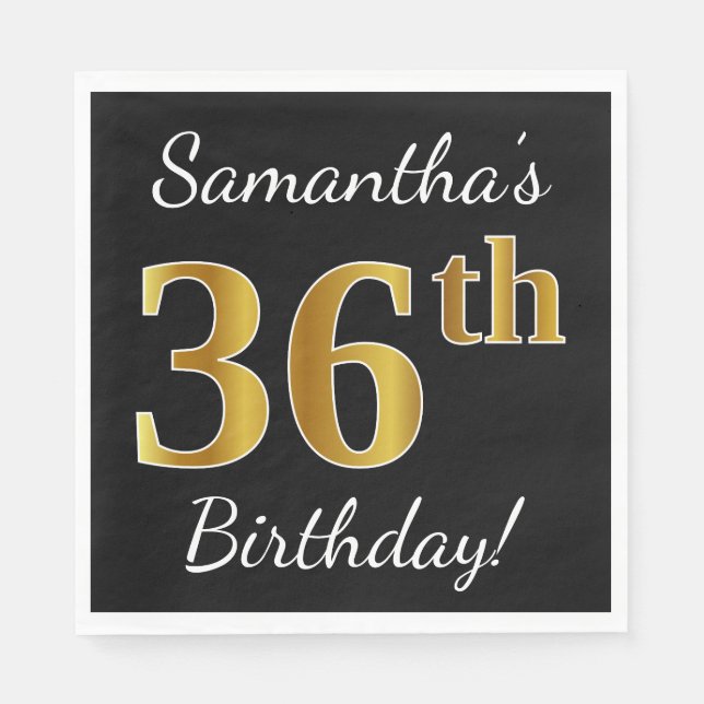 Black, Faux Gold 36th Birthday + Custom Name Napkin (Front)