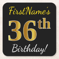 Black, Faux Gold 36th Birthday + Custom Name