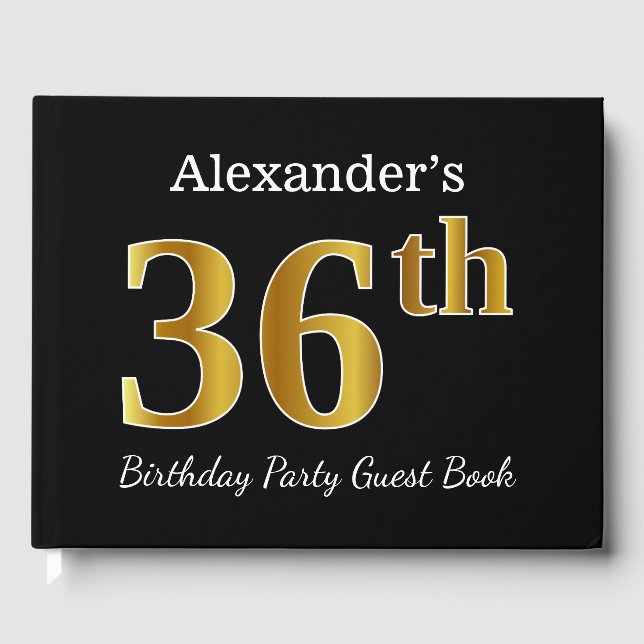 Black, Faux Gold 36th Birthday Party + Custom Name Guest Book (Front)