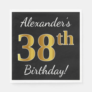 Black, Faux Gold 38th Birthday + Custom Name Napkin