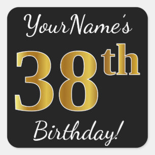Black, Faux Gold 38th Birthday + Custom Name Square Sticker