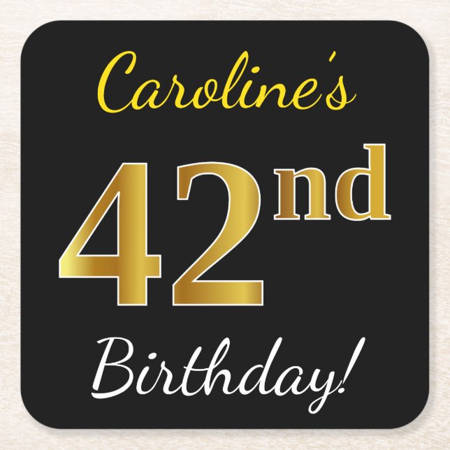 Black, Faux Gold 42nd Birthday + Custom Name Square Paper Coaster (Front)