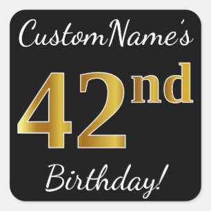 Black, Faux Gold 42nd Birthday + Custom Name Square Sticker