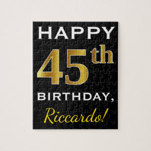 Black, Faux Gold 45th Birthday + Custom Name Jigsaw Puzzle
