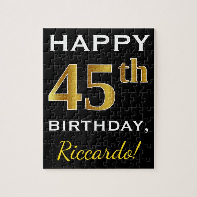 Black, Faux Gold 45th Birthday + Custom Name Jigsaw Puzzle (Vertical)