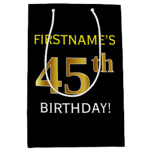 Black, Faux Gold 45th Birthday + Custom Name Medium Gift Bag