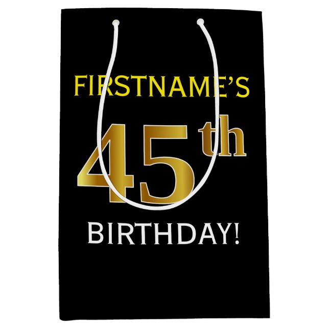 Black, Faux Gold 45th Birthday + Custom Name Medium Gift Bag (Front)