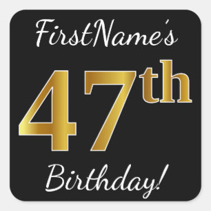 Black, Faux Gold 47th Birthday + Custom Name Square Sticker