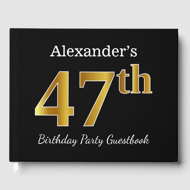 Black, Faux Gold 47th Birthday Party + Custom Name Guest Book (Front)