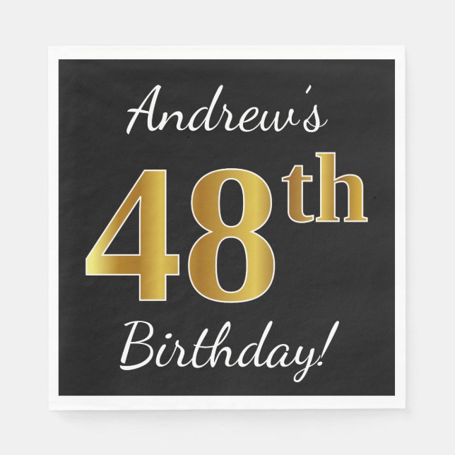 Black, Faux Gold 48th Birthday + Custom Name Napkin (Front)