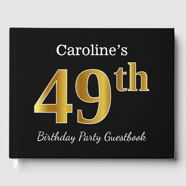 Black, Faux Gold 49th Birthday Party + Custom Name Guest Book (Front)