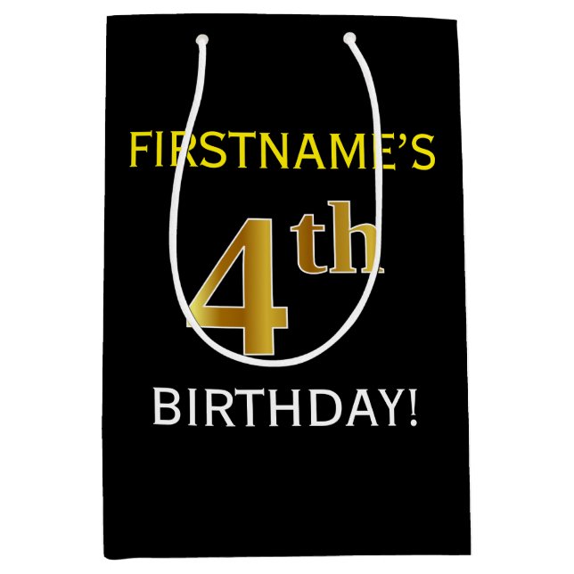 Black, Faux Gold 4th Birthday + Custom Name Medium Gift Bag (Front)