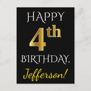 Black, Faux Gold 4th Birthday + Custom Name Postcard
