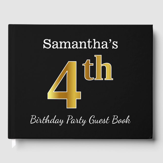 Black, Faux Gold 4th Birthday Party + Custom Name Guest Book (Front)
