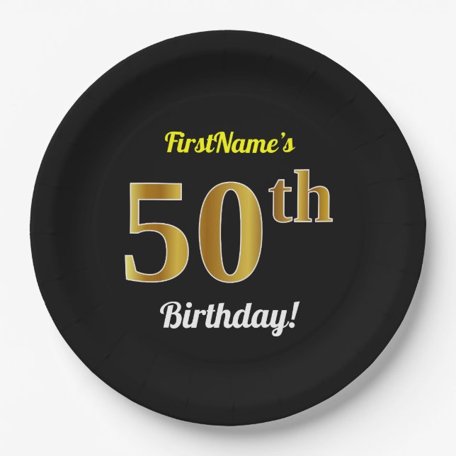 Black, Faux Gold 50th Birthday + Custom Name Paper Plate (Front)
