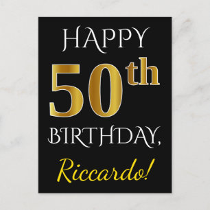 Black, Faux Gold 50th Birthday + Custom Name Postcard