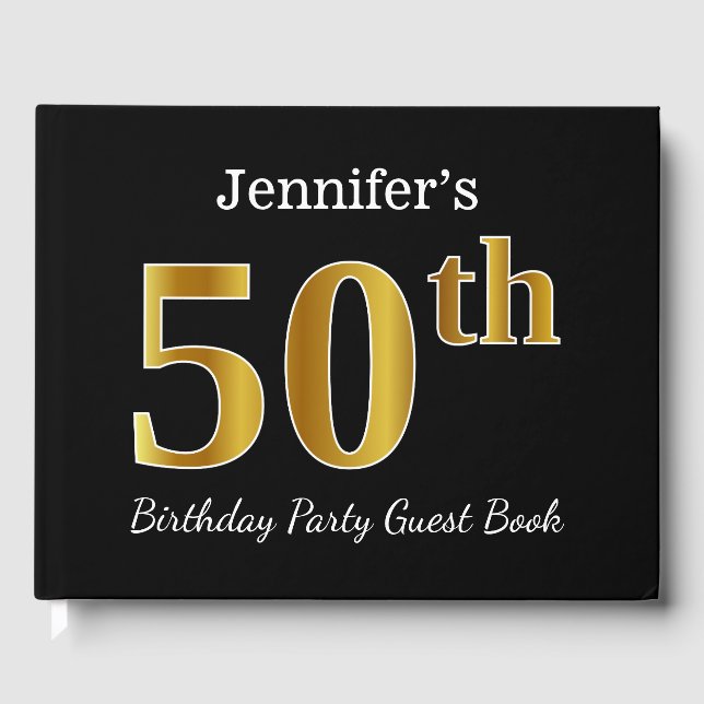 Black, Faux Gold 50th Birthday Party + Custom Name Guest Book (Front)