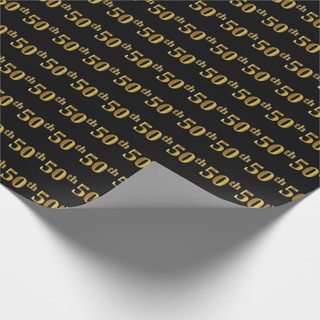 Black, Faux Gold 50th (Fiftieth) Event Wrapping Paper (Corner)