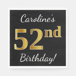 Black, Faux Gold 52nd Birthday + Custom Name Napkin