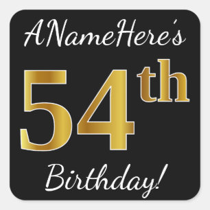 Black, Faux Gold 54th Birthday + Custom Name Square Sticker