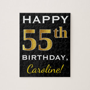Black, Faux Gold 55th Birthday + Custom Name Jigsaw Puzzle