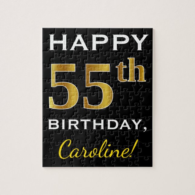 Black, Faux Gold 55th Birthday + Custom Name Jigsaw Puzzle (Vertical)