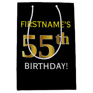 Black, Faux Gold 55th Birthday + Custom Name Medium Gift Bag