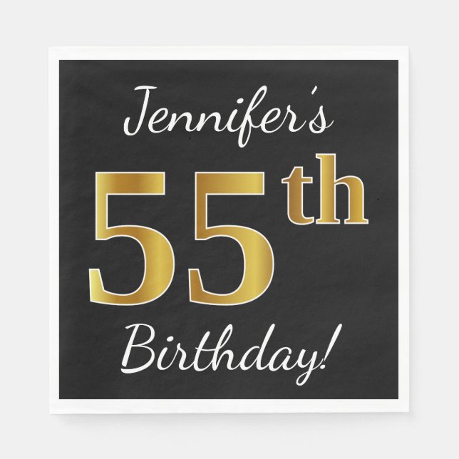 Black, Faux Gold 55th Birthday + Custom Name Napkin (Front)