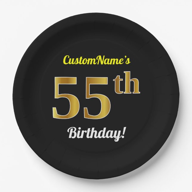 Black, Faux Gold 55th Birthday + Custom Name Paper Plate (Front)
