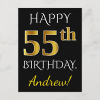 Black, Faux Gold 55th Birthday + Custom Name