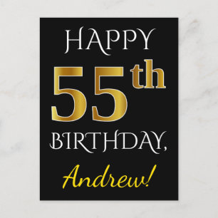 Black, Faux Gold 55th Birthday + Custom Name Postcard