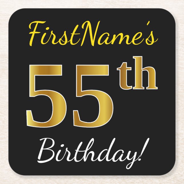 Black, Faux Gold 55th Birthday + Custom Name Square Paper Coaster (Front)