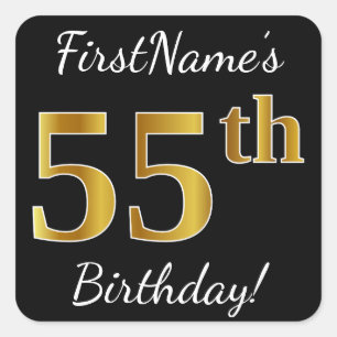 Black, Faux Gold 55th Birthday + Custom Name Square Sticker