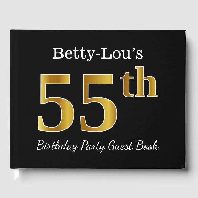 Black, Faux Gold 55th Birthday Party + Custom Name Guest Book (Front)