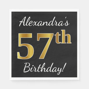 Black, Faux Gold 57th Birthday + Custom Name Napkin