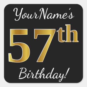 Black, Faux Gold 57th Birthday + Custom Name Square Sticker