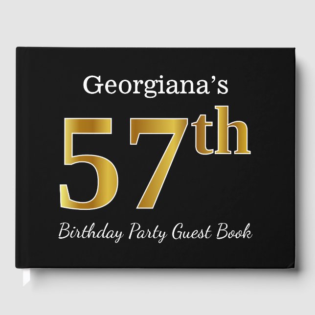 Black, Faux Gold 57th Birthday Party + Custom Name Guest Book (Front)