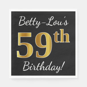 Black, Faux Gold 59th Birthday + Custom Name Napkin